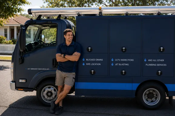 Our plumber with the service van on a Summer Hill job