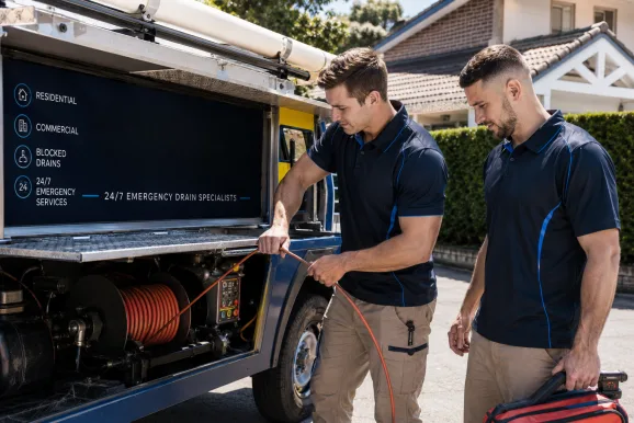 Two plumbers working on a blocked drain in Summer Hill
