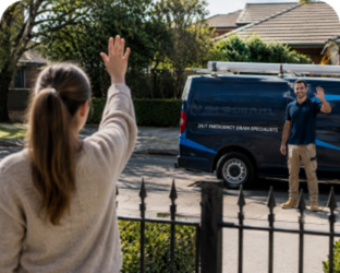 Customer waving goodbye to a Summer Hill Blocked Drains plumber